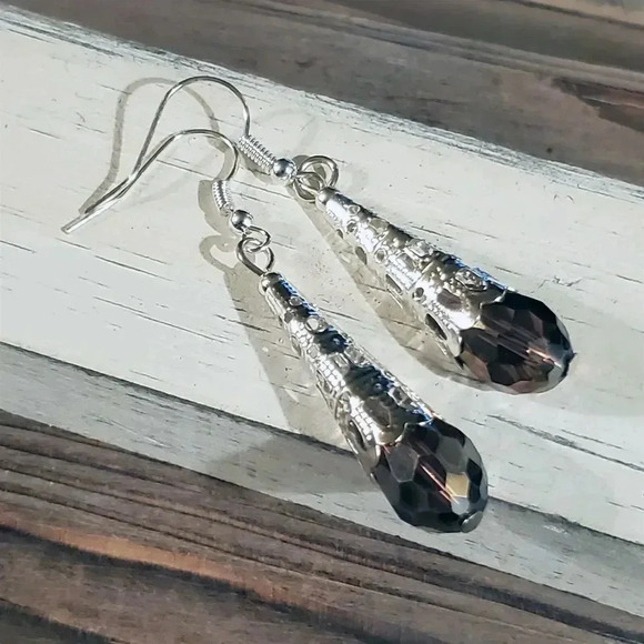 Caged Filigree Faceted Purple Crystal Silver Teardrop Earrings Handcrafted - Picture 1 of 8